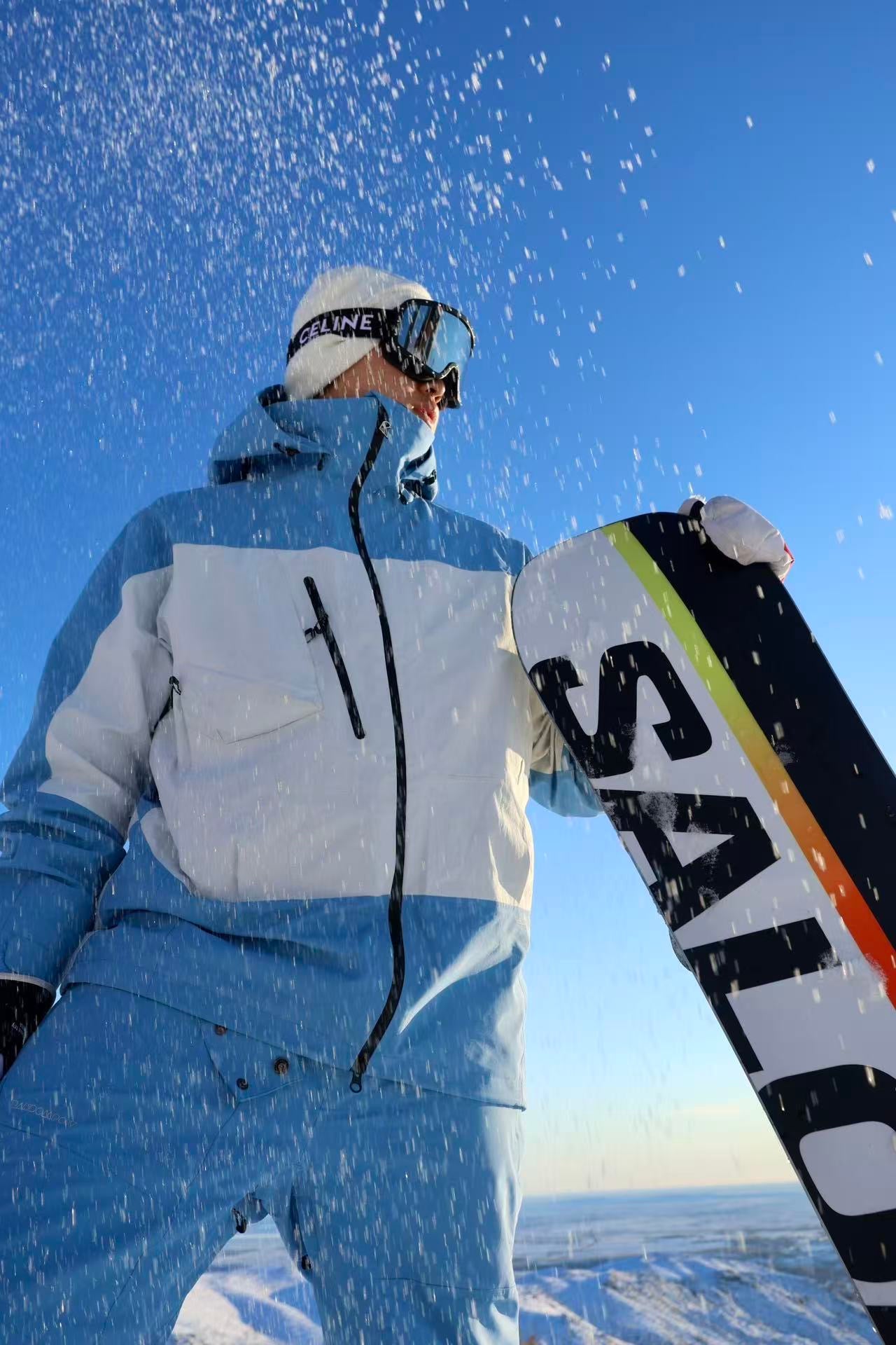 RandomPow Blue&White Color 3L Pro Backcountry Snow Jacket Snow Bibs- Unisex